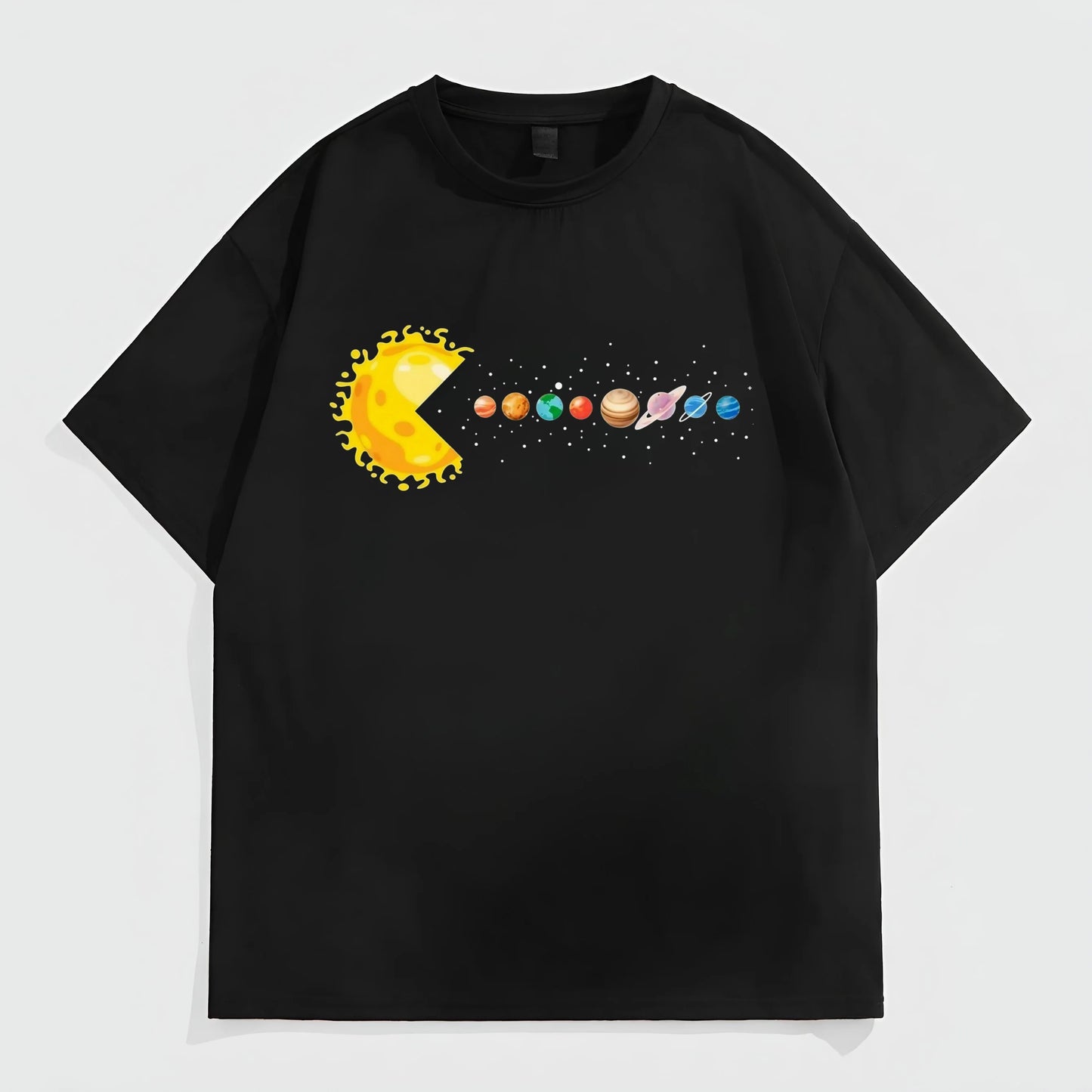 Black Short Sleeve T-Shirt with Colorful Planet Pattern for Casual Wear Fashion Tees 2025