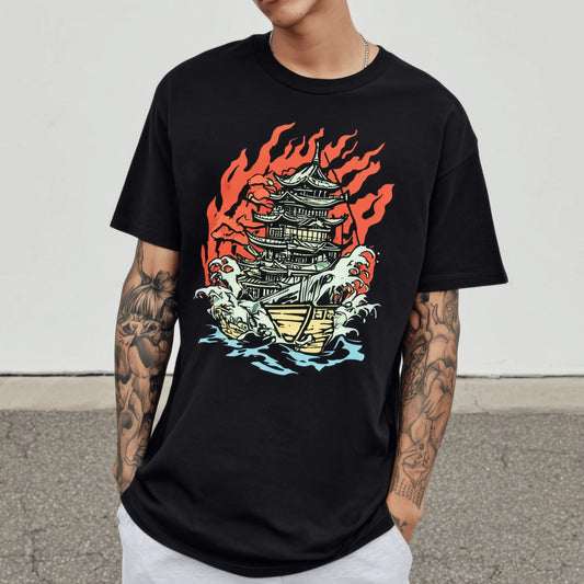 Trendy Tees For Man Short Sleeve T-Shirt with Oriental Temple and Flame Design for Casual Wear