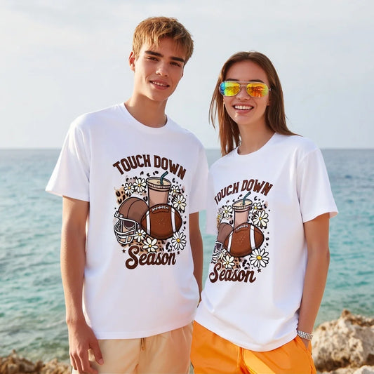 Men's and Women's Casual T Shirts Football Pattern with Touch Down Season Text Beachwear for Summer Vacation Graphic Tee For Summer 2025