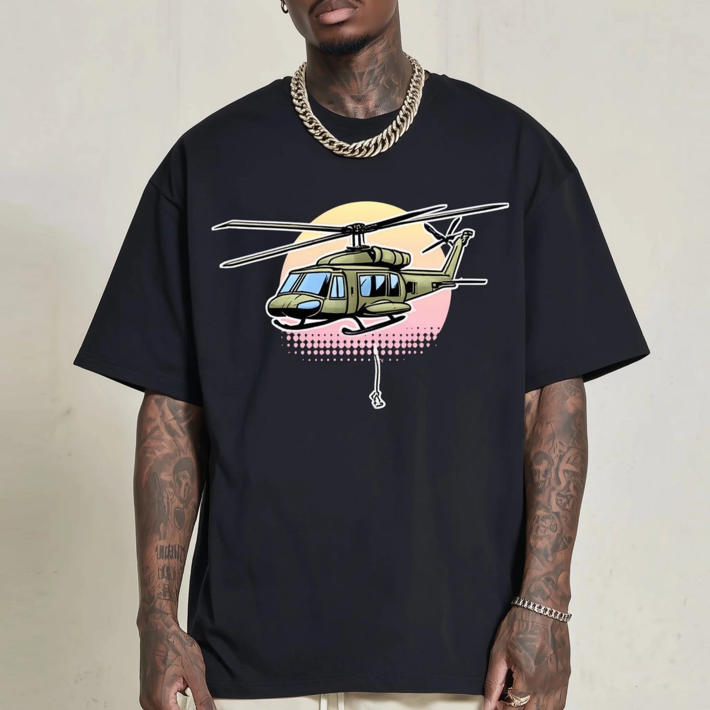 Trendy T-shirt For Man Oversized T-Shirt Helicopter Sunset Graphic Print Casual Daily Wear