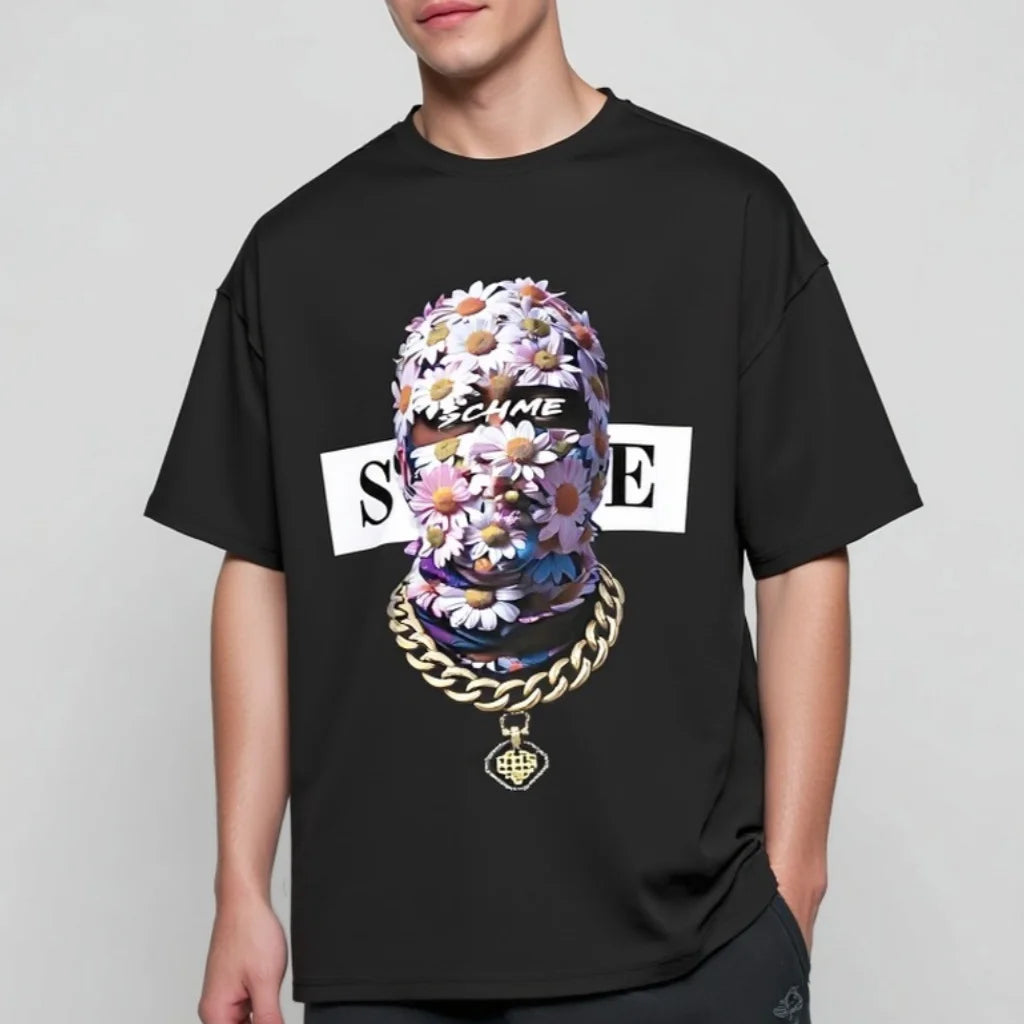 Men's Casual T-Shirt Floral Skull Print with Chain Design for Daily Wear Fashion Tees 2025