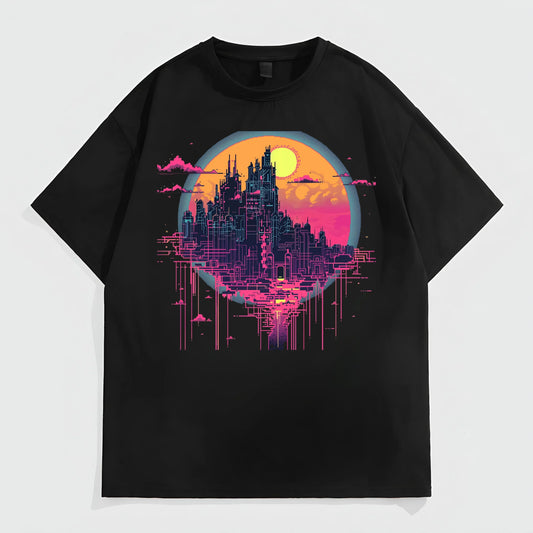 Black Oversized T-Shirt with Futuristic Castle Sunset Print for Casual Wear Fashion Tees For Summer