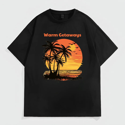Black Short Sleeve T-Shirt with Tropical Sunset and Palm Trees Print for Casual Wear Graphic Fashion Tees For Man