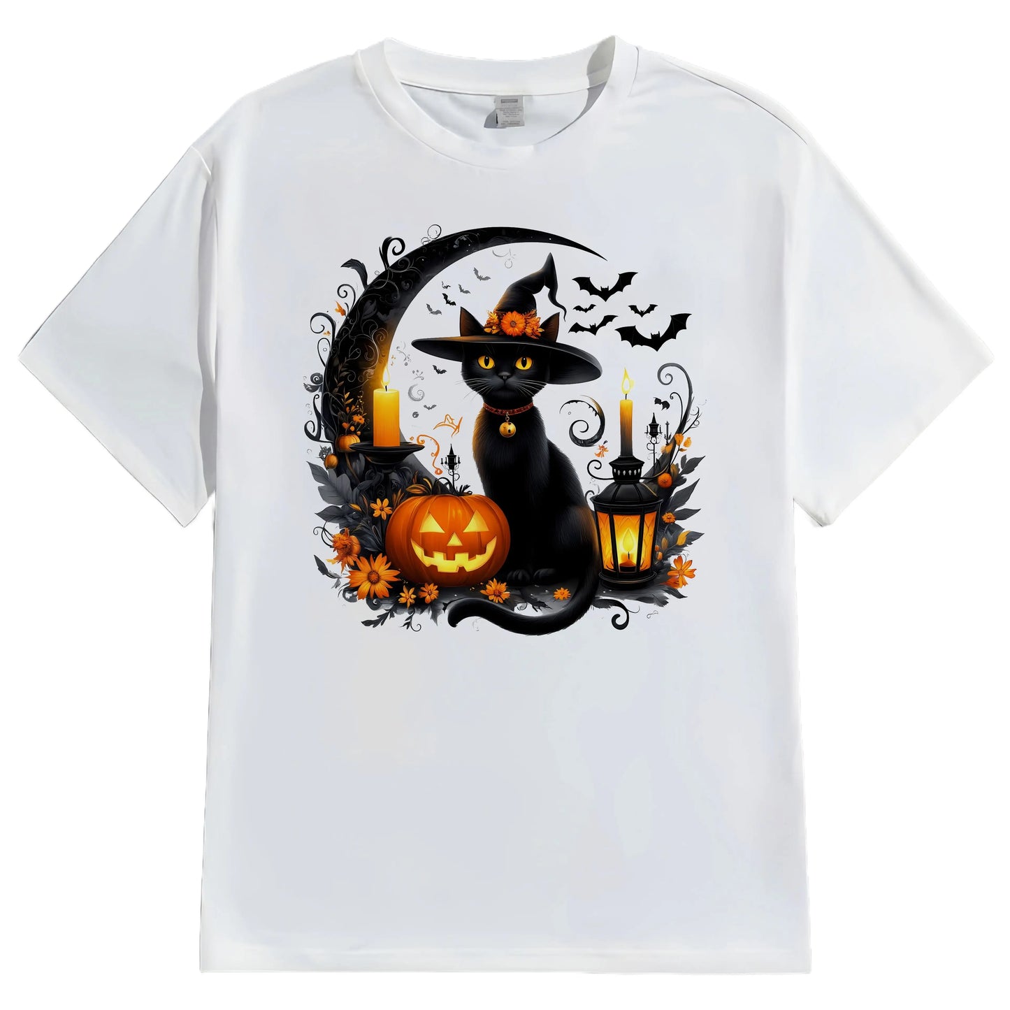 Halloween Themed T Shirt Black Cat and Pumpkin Print Casual Wear for Festive Party Fashionable Graphic Tee for Men