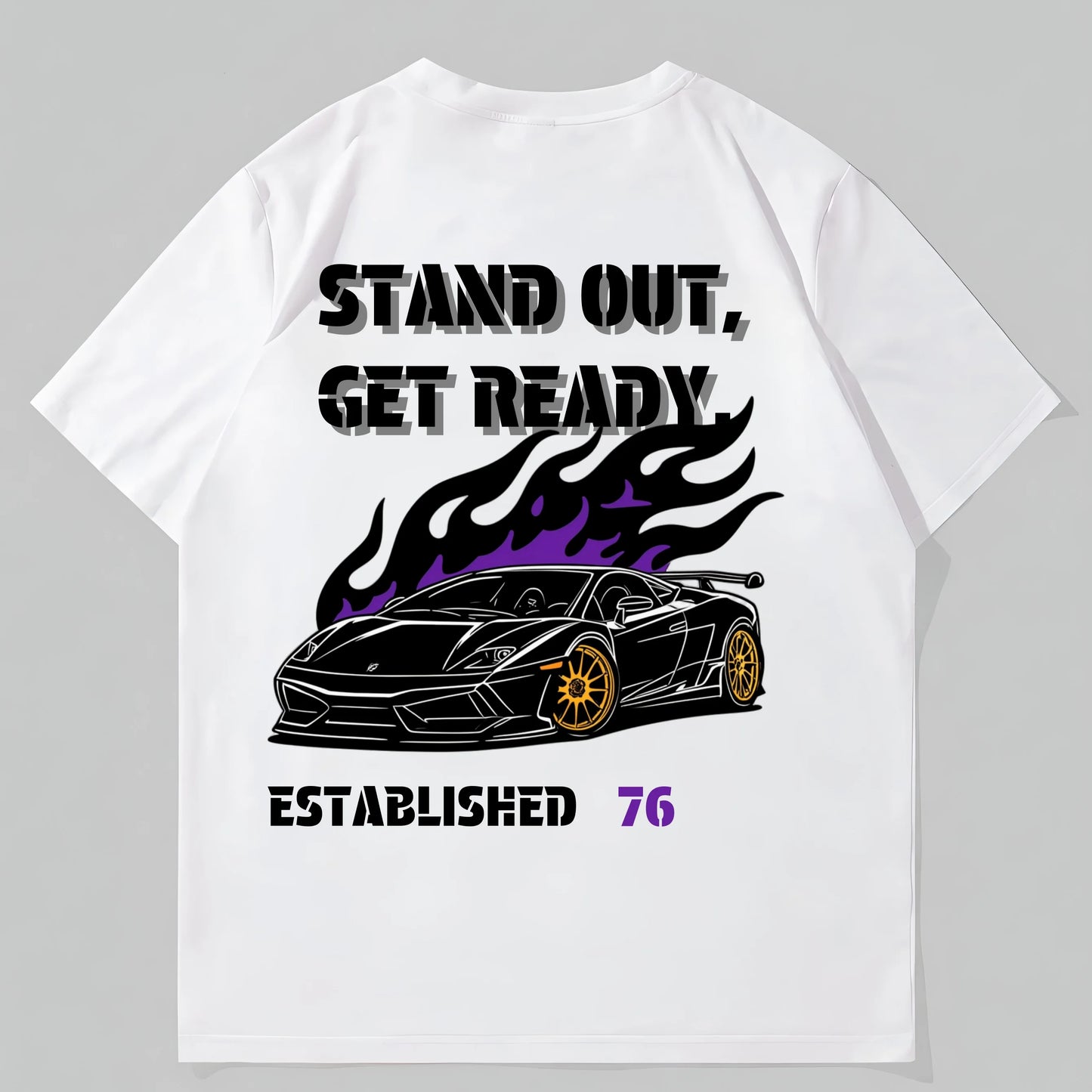 Trendy Tees For Men White T-Shirt with Flame Car Graphic and Text Stand Out, Get Ready for Casual Wear