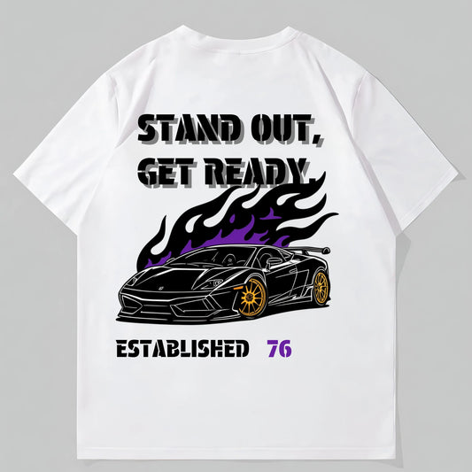 Trendy Tees For Men White T-Shirt with Flame Car Graphic and Text Stand Out, Get Ready for Casual Wear