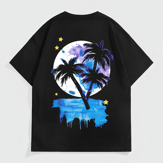 Trendy Tees for Men Men's Short Sleeve T-Shirt Palm Tree Moon Night Scene Print Casual Summer Beach Wear