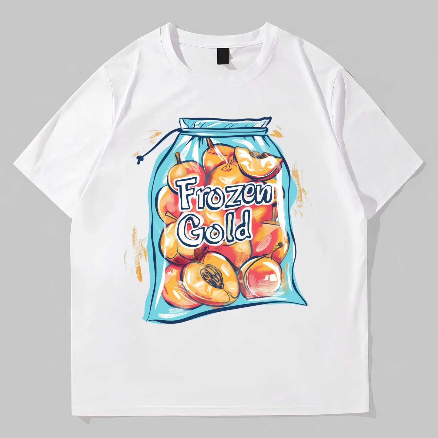 White Round Neck T-Shirt with Frozen Gold Peach Bag Print for Casual Wear POD Graphic Tees