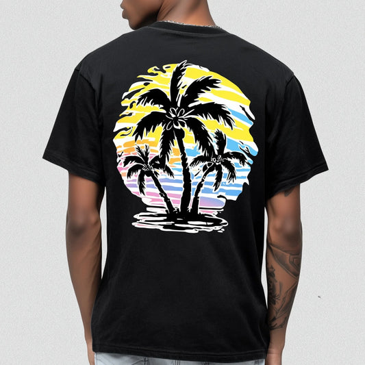 Trendy T-shirt For Man Black Short Sleeve T-Shirt with Palm Tree Sunset Print for Casual Wear