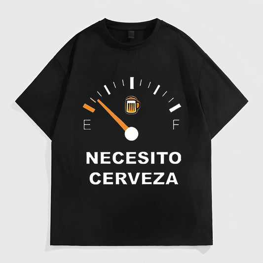 Black Short Sleeve T-Shirt with Fuel Gauge and NECESITO CERVEZA Print for Casual Wear Fashion Tees 2025