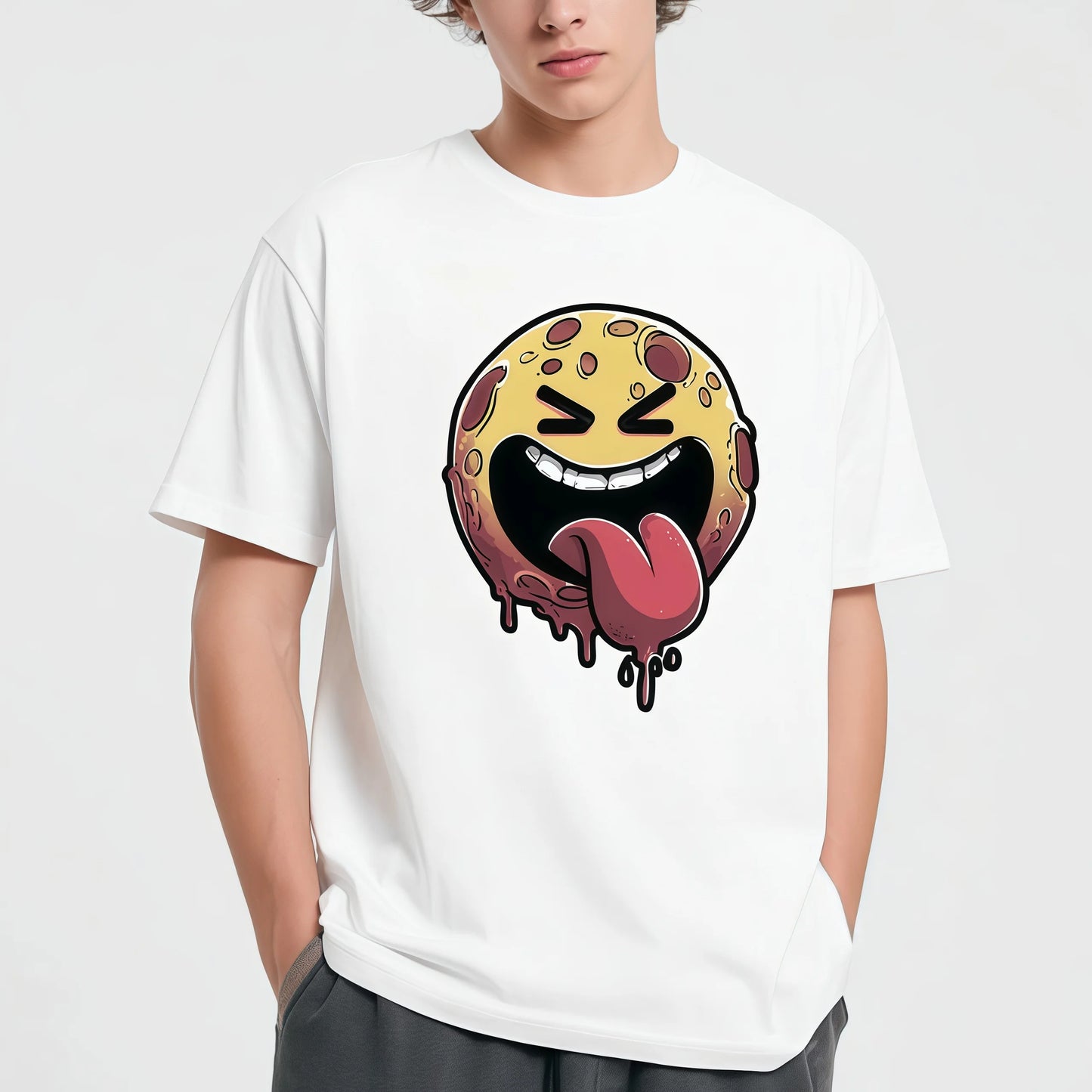 Trendy Tee Trends Men's Casual T-Shirt Cartoon Pizza Face Print Daily Wear Comfortable Soft Fabric Top for Outdoor Indoor Activities