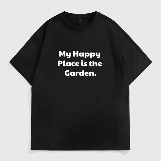 Black Short Sleeve T-Shirt with My Happy Place is the Garden Print for Outdoor Activities Fashion Tees For Summer