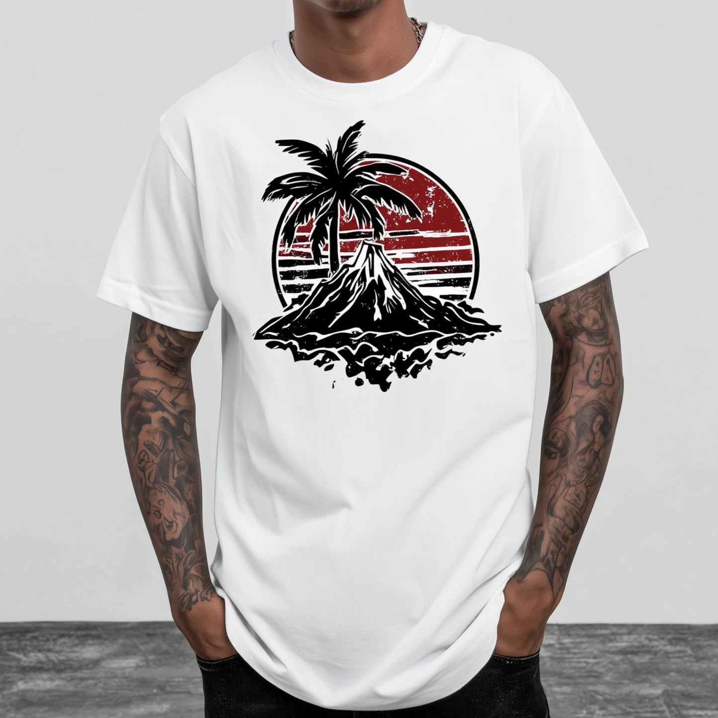 Trendy Tees For Man Casual T-Shirt Volcano Palm Tree Sunset Print Summer Beachwear