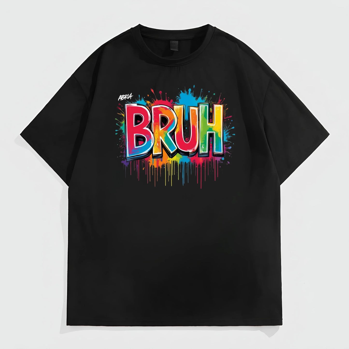 Black Short Sleeve T-Shirt with Colorful Graffiti BRUH Print for Casual Wear Fashion Tees For Summer