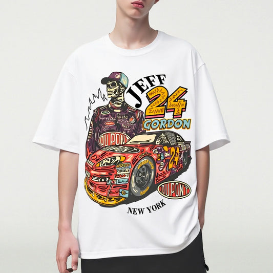 White T-Shirt with Racing Car and Driver Graphic for Sports Events Fashion Tees For Summer