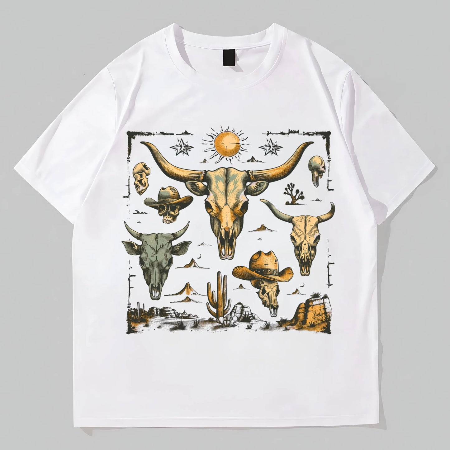 Casual Short Sleeve T-Shirt Western Cowboy Skulls Sun Moon Stars Cactus Print for Outdoor Activities POD Graphic Tees