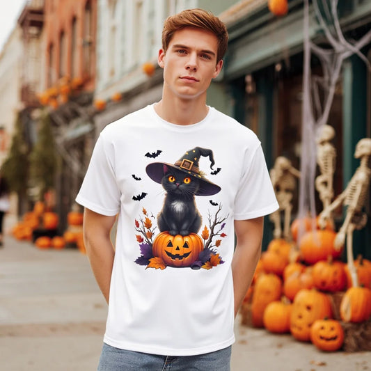 Halloween Casual Round Neck Short Sleeve T-Shirt Regular Fit Cat and Pumpkin Print Comfortable Men's Top Fashion Streetwear