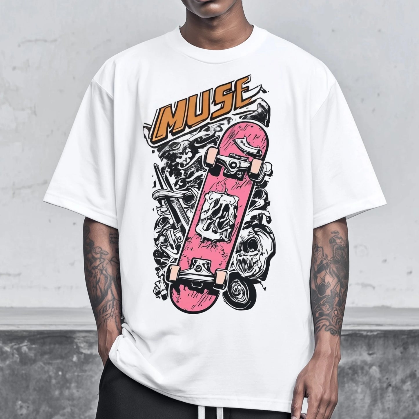 Trendy T-shirt For Man Casual T-Shirt with Skateboard and Graffiti Print for Streetwear
