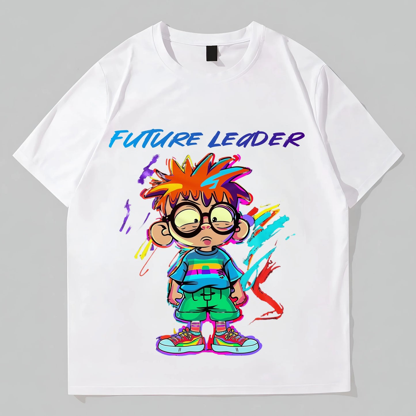 Casual Short Sleeve T-Shirt Colorful Cartoon Character Print Future Leader Text Design for Kids Daily Wear Trendy Tees For Men