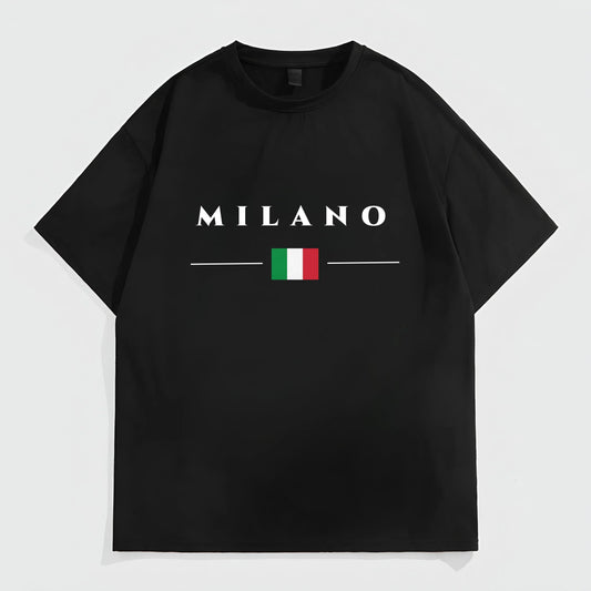 Fashion Tees for Summer Men's Casual T-Shirt Milano Text Print with Italian Flag Design for Daily Wear