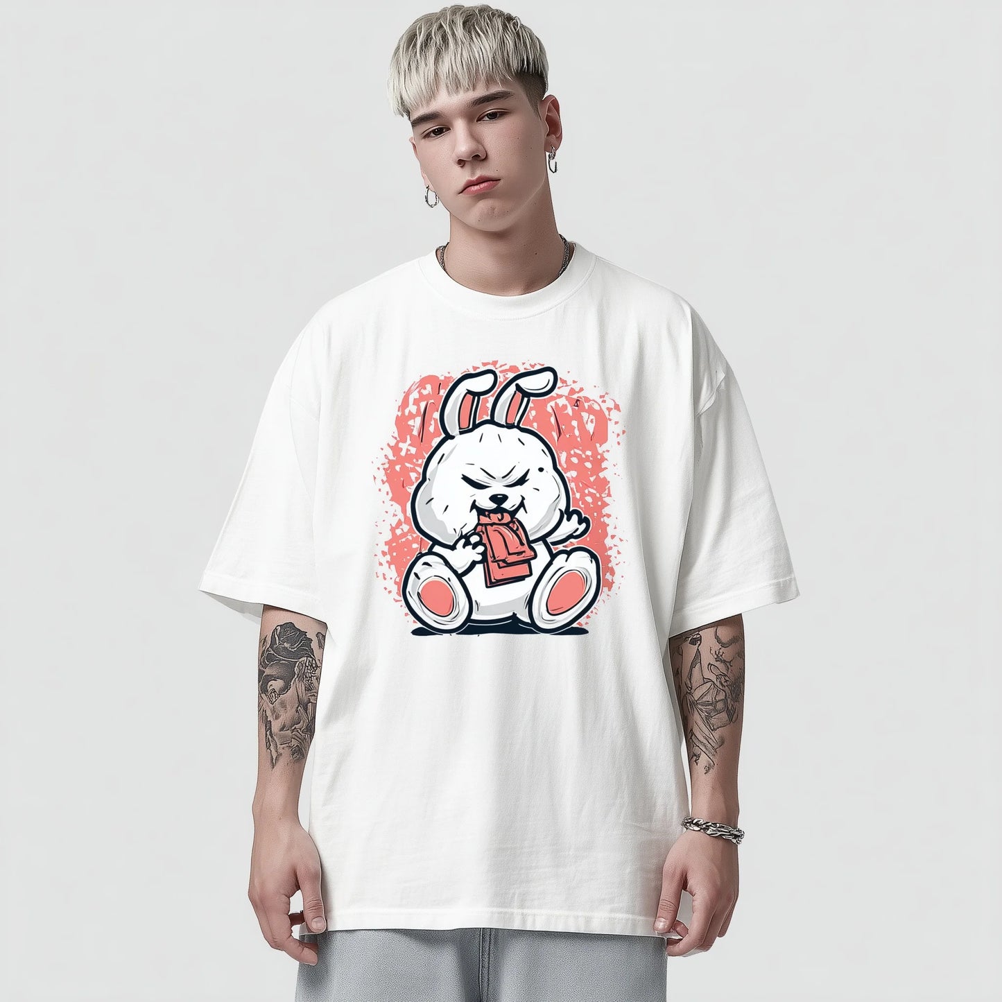 Trendy Tees For Man Crew Neck T-Shirt Cute Rabbit Eating Design Casual Wear for WoSummer Streetwear Fashion Top Tee Daily Outfit