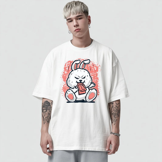 Trendy Tees For Man Crew Neck T-Shirt Cute Rabbit Eating Design Casual Wear for WoSummer Streetwear Fashion Top Tee Daily Outfit