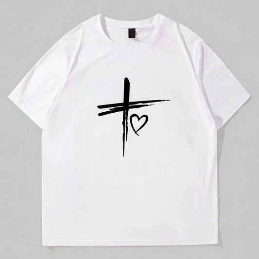 Trendy T-Shirt For Man Simple Round Neck T-Shirt Cross Heart Print Casual Daily Wear for Men Women Unisex Fashion Top Summer Basic Tee Streetwear