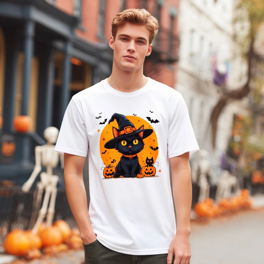 Halloween Casual Round Neck Short Sleeve T-Shirt Regular Fit Cat and Moon Print Comfortable Breathable Men's Top Wear for Daily Use