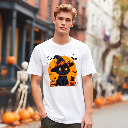 Halloween Casual Round Neck Short Sleeve T-Shirt Regular Fit Cat and Moon Print Comfortable Breathable Men's Top Wear for Daily Use