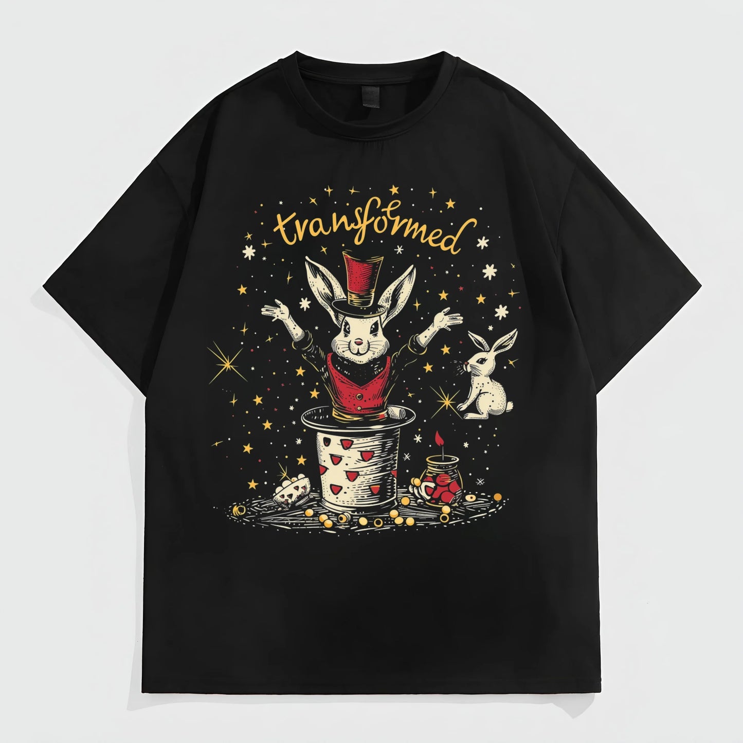 Black Short Sleeve T-Shirt with Rabbit and Hat Print for Casual Wear Fashion Tees For Summer