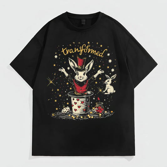 Black Short Sleeve T-Shirt with Rabbit and Hat Print for Casual Wear Fashion Tees For Summer