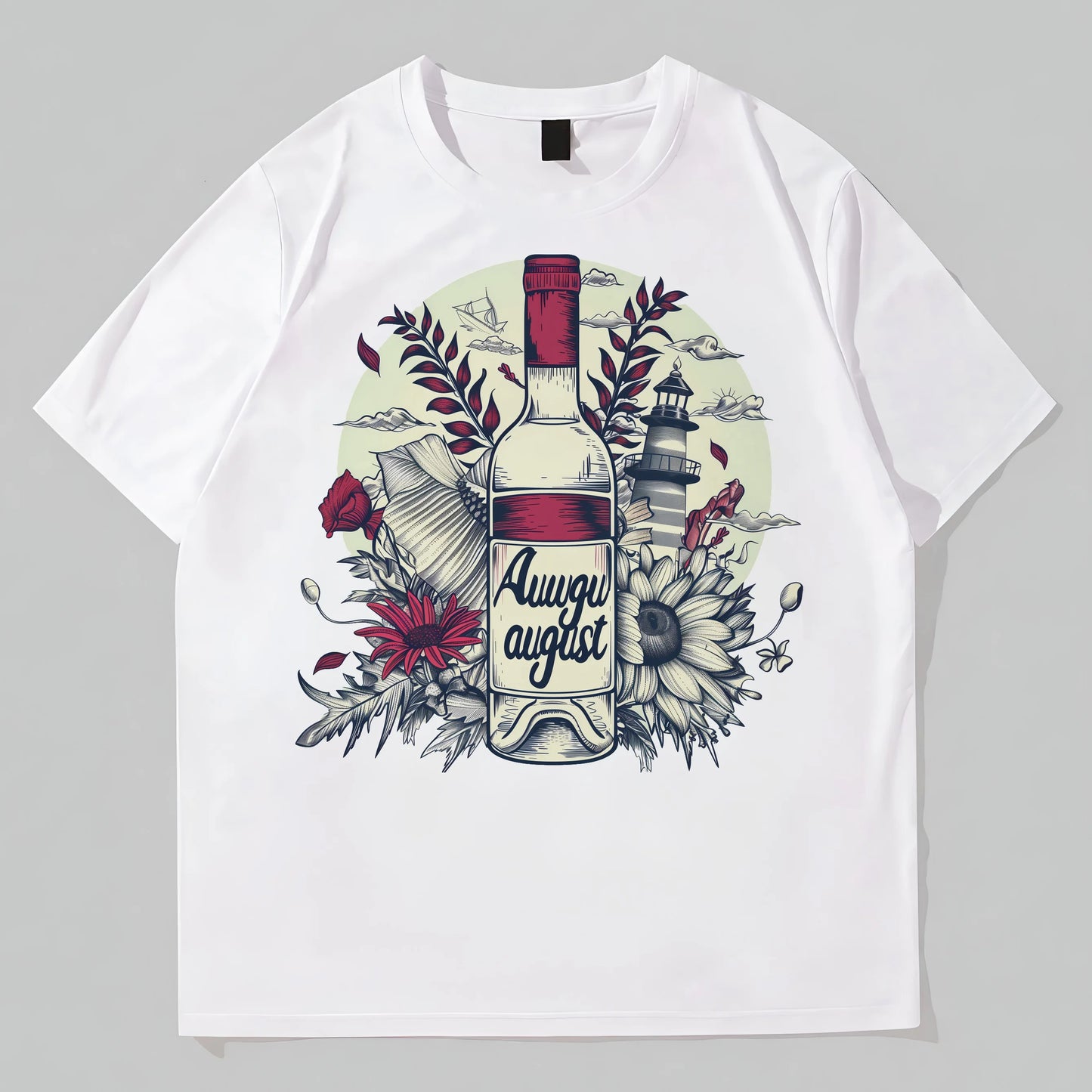 White Round Neck T-Shirt with Wine Bottle Floral Design and Text Always August for Casual Wear Graphic Tees Design