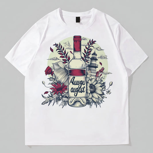 White Round Neck T-Shirt with Wine Bottle Floral Design and Text Always August for Casual Wear Graphic Tees Design