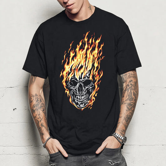 Trendy Tees For Man Casual T-Shirt Flame Skull Graphic Print Summer Streetwear Top
