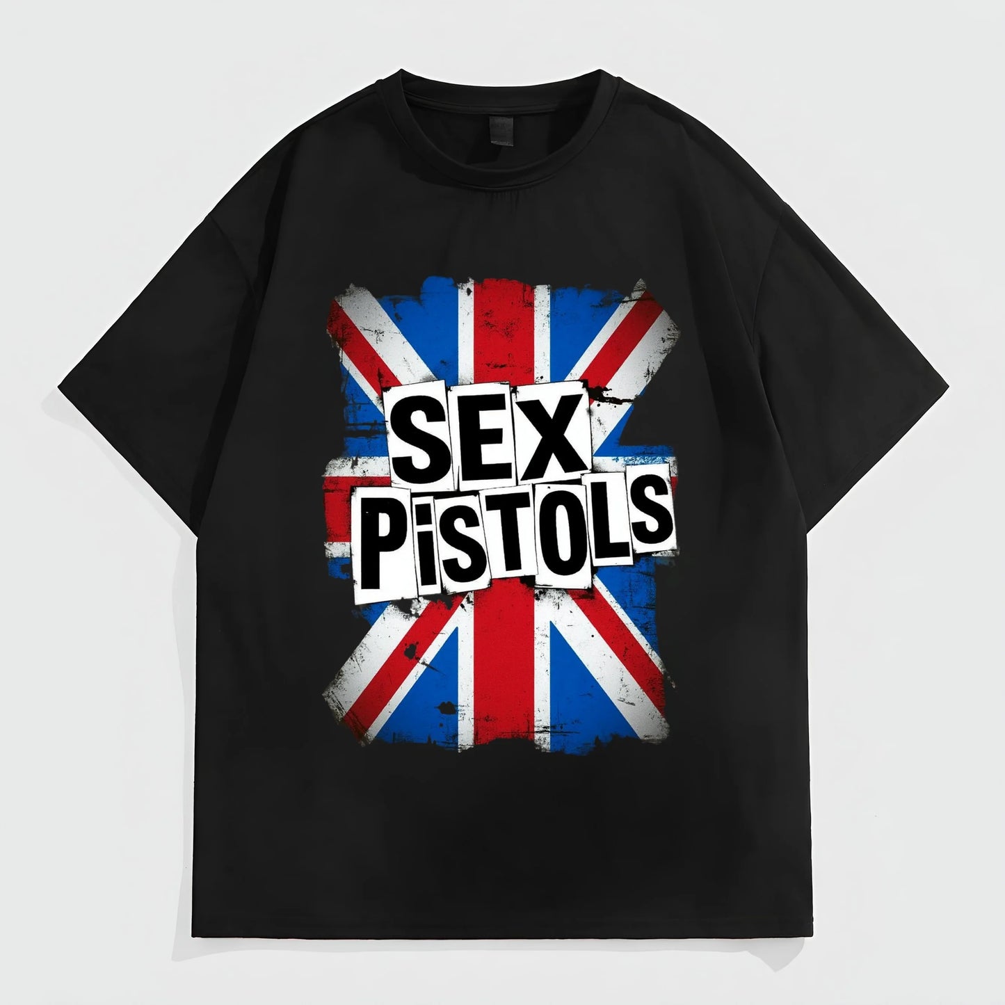 Black T-Shirt with Union Jack Flag Print and Text for Casual Wear Graphic Tees Design
