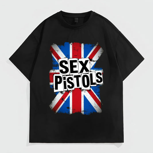 Black T-Shirt with Union Jack Flag Print and Text for Casual Wear Graphic Tees Design