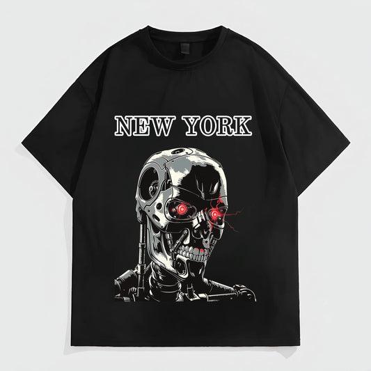 Men's Short Sleeve T-Shirt with Futuristic Robot Skull Print and NEW YORK Text for Casual Wear Fashion Tees 2025