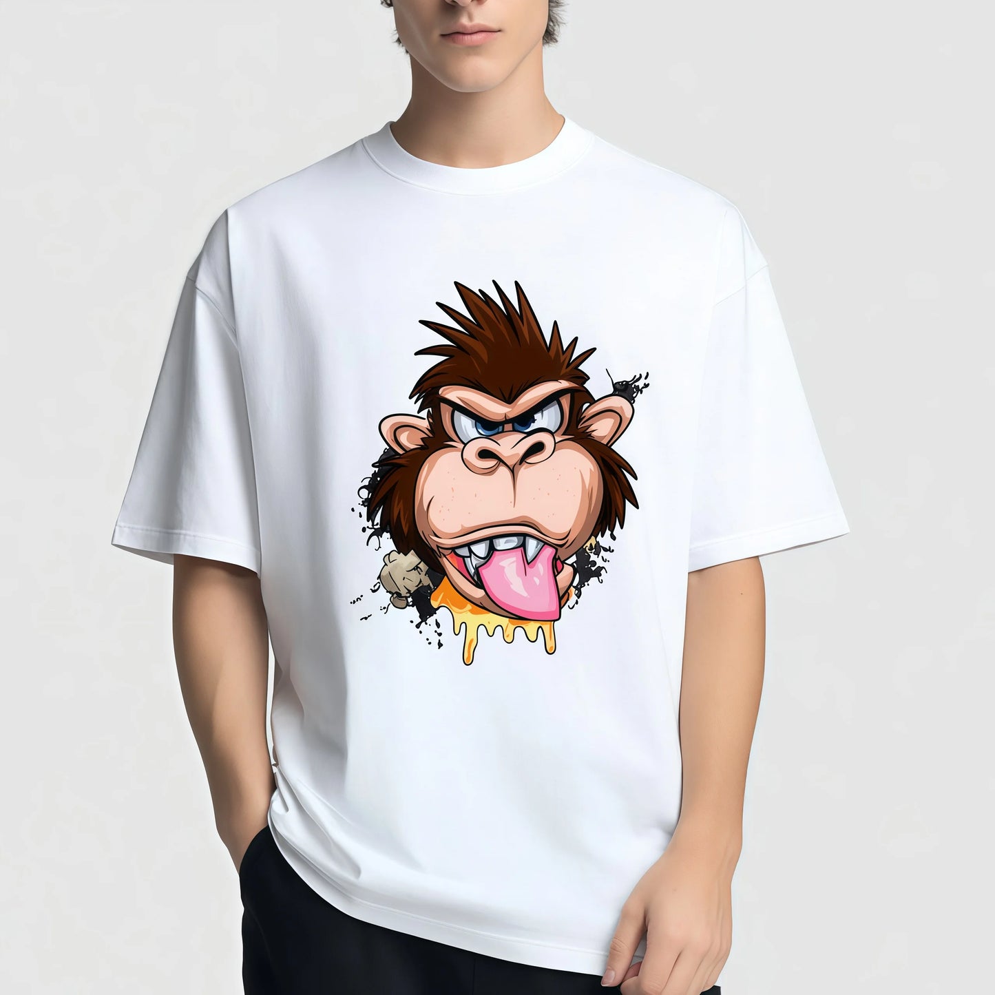 Pod Graphic Tees White T-Shirt with Cartoon Monkey Face Print for Casual Wear