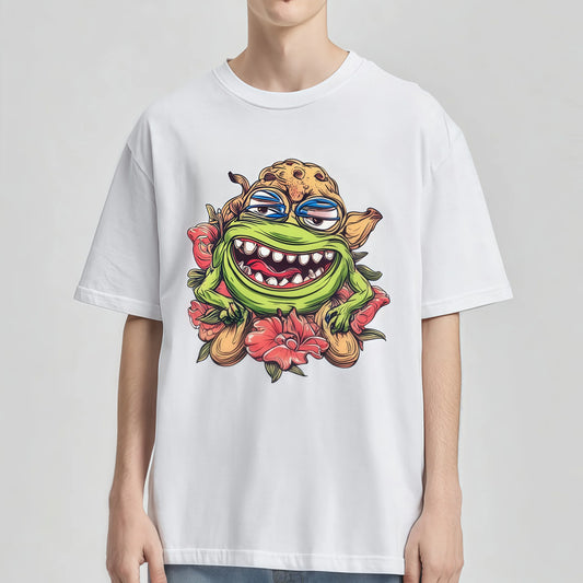 Graphic Fashion Tees For Man White T-Shirt with Cartoon Monster and Flowers Print for Casual Wear