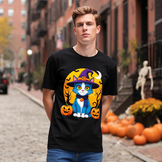 Halloween Loose Fit Short Sleeve Round Neck Casual Style T-Shirt Cat Print Comfortable Men's Top Fashionable Streetwear