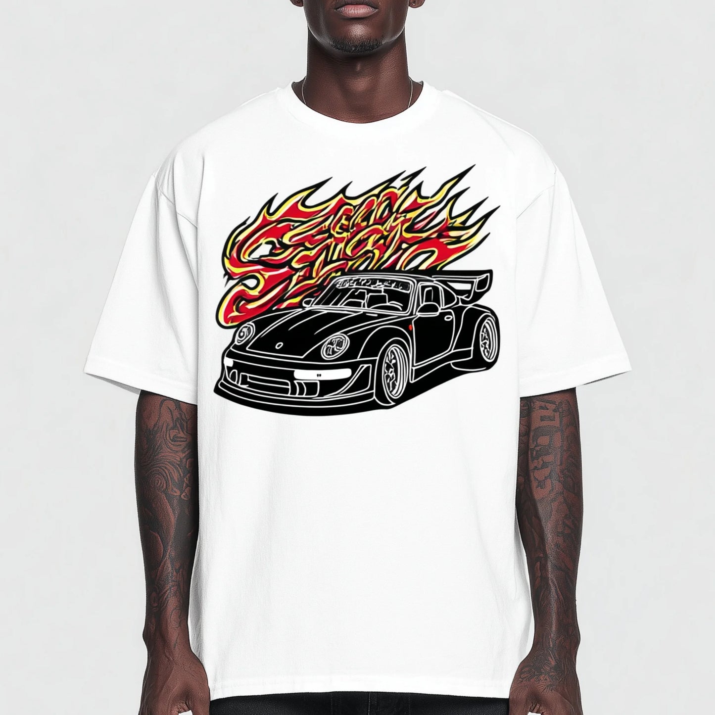 Trendy Tees For Man Casual T-Shirt with Sport Car and Flame Design for Daily Wear