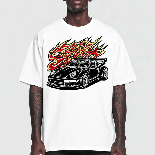 Trendy Tees For Man Casual T-Shirt with Sport Car and Flame Design for Daily Wear