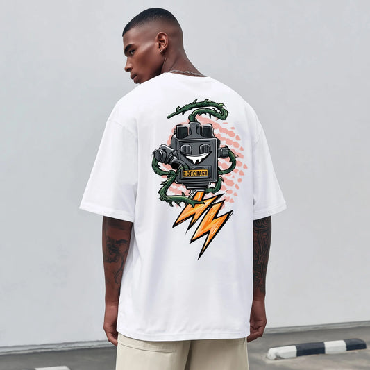 Trendy Tees For Man Oversized T-Shirt with Robot and Lightning Bolt Print for Casual Wear