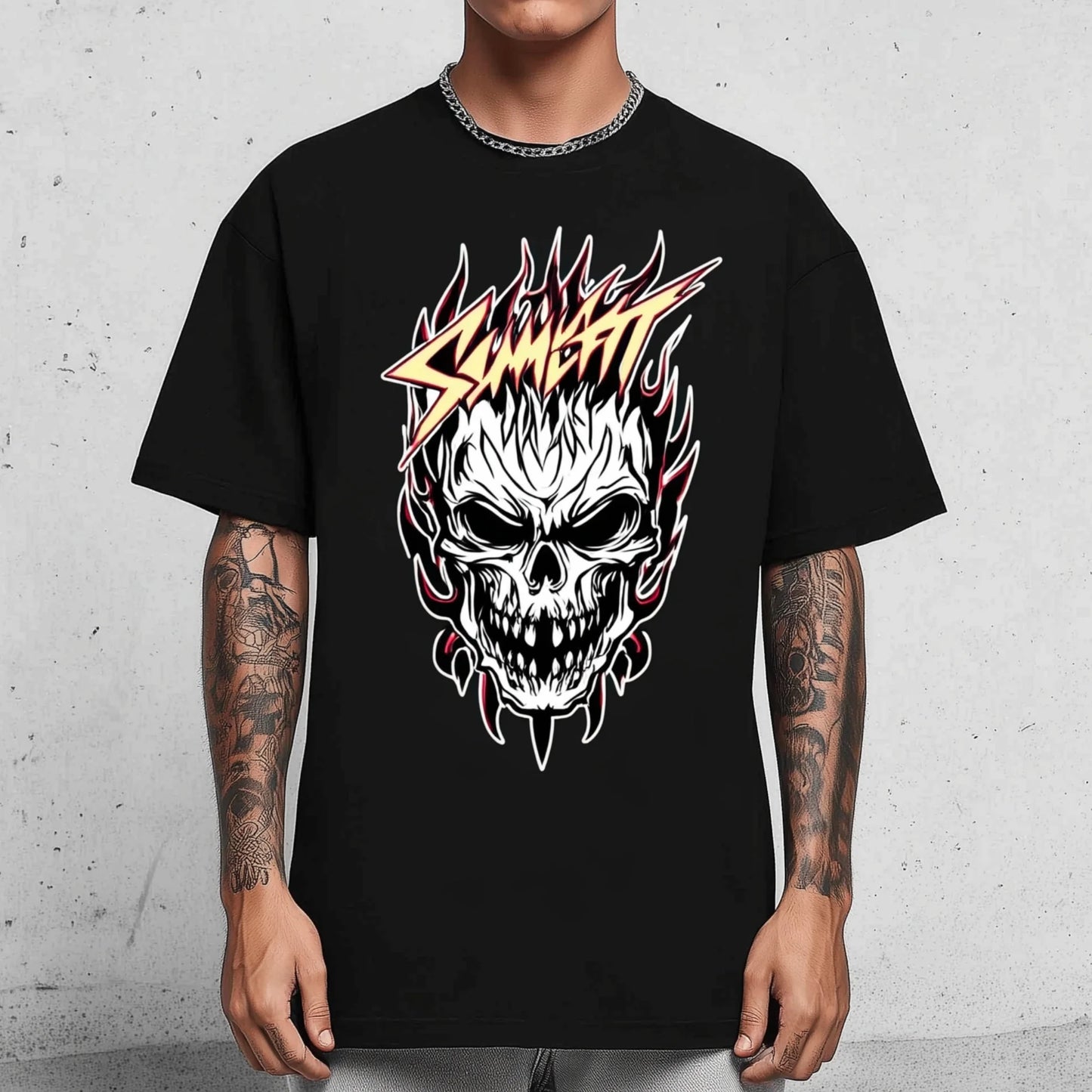 Trendy Tees For Man Casual T-Shirt with Fiery Skull Graphic and Text for Daily Wear