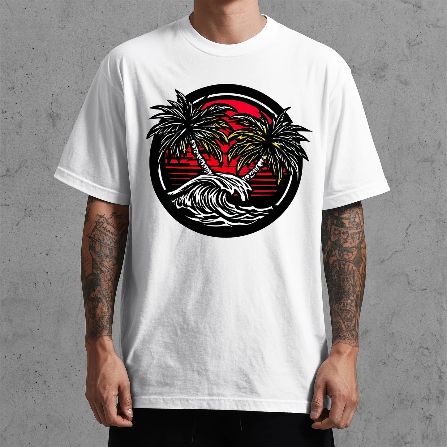 Trendy Tees For Man Casual T-Shirt with Palm Tree Sunset Wave Print for Beach Travel
