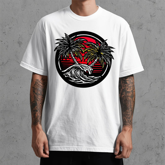 Trendy Tees For Man Casual T-Shirt with Palm Tree Sunset Wave Print for Beach Travel