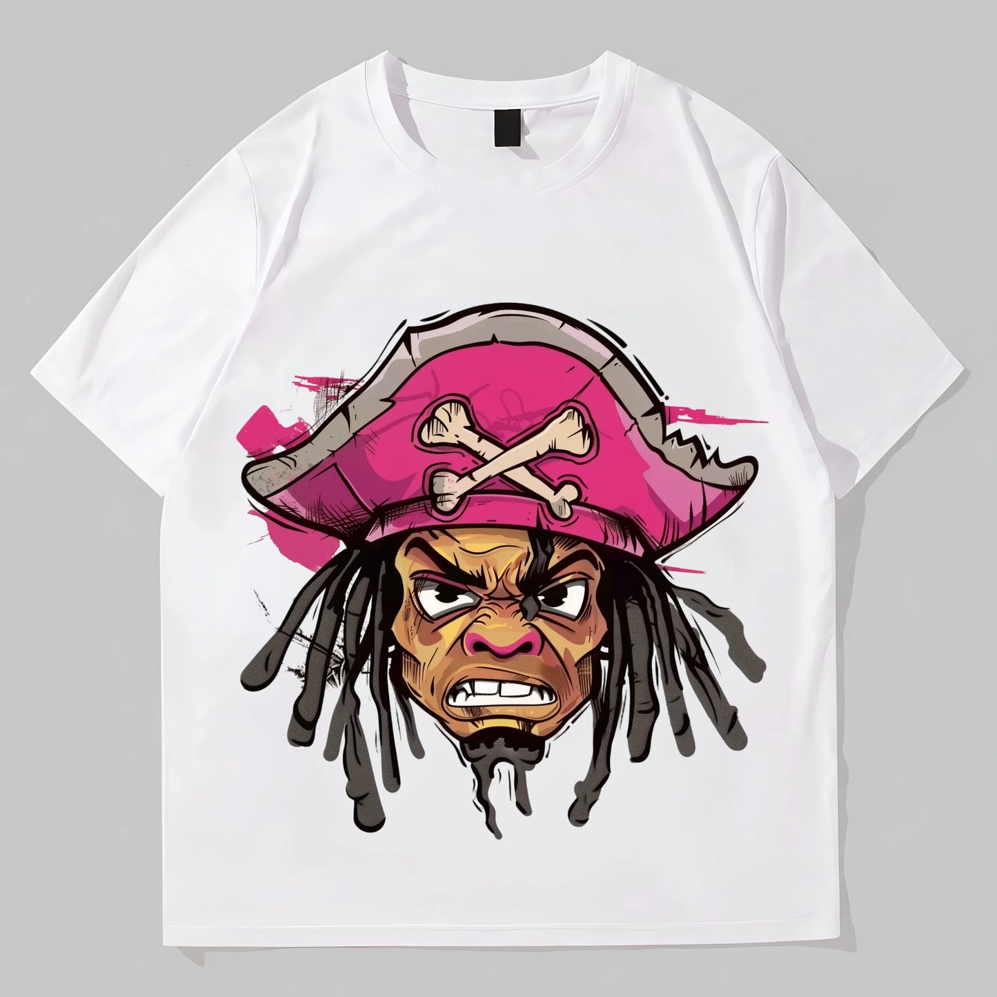 Pirate Style T-Shirt with Cool Skull Hat and Dreadlocks Print for Casual Wear Graphic Tees Design