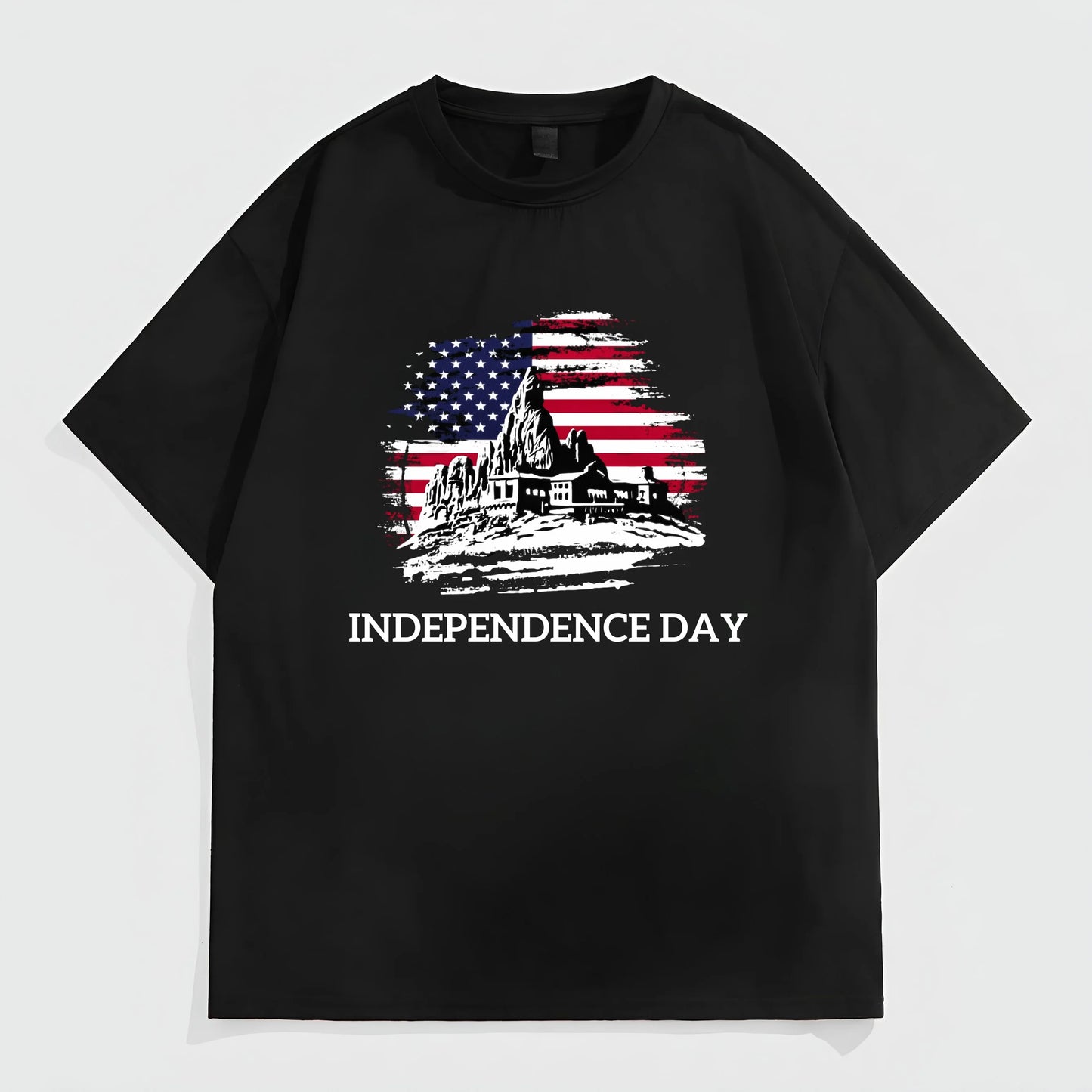 Trendy Tees for Men Black Short Sleeve T-Shirt with American Flag and Independence Day Print for Casual Wear