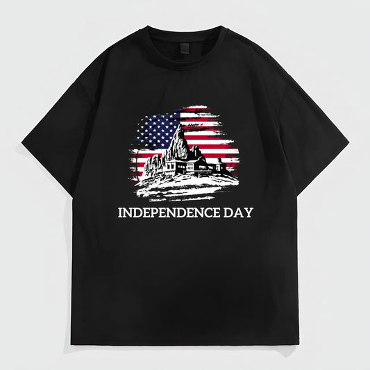 Trendy Tees for Men Black Short Sleeve T-Shirt with American Flag and Independence Day Print for Casual Wear