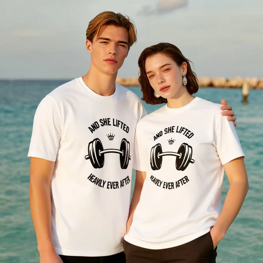 Couples T Shirts Barbell Print And She Lifted Heavily Even After Fitness Workout Beachwear Graphic Tee For Summer 2025